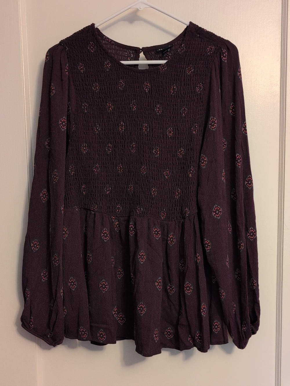 torrid Plum Smocked Peasant Blouse with Tiny Print